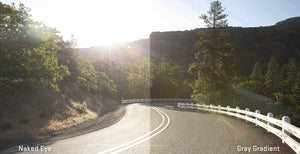 A split view of a road landscape. The left side is the perspective from the naked eye and the right side is the view through the lens.
