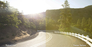 A split view of a road landscape. The left side is the perspective from the naked eye and the right side is the view through the lens.
